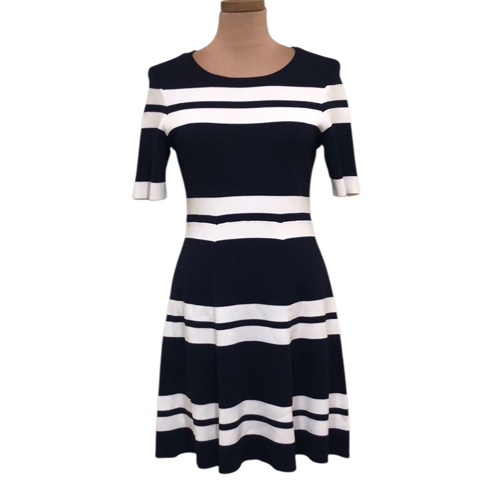 Eliza J Dress Size 10P Navy Blue Ivory Striped Sweater Knit